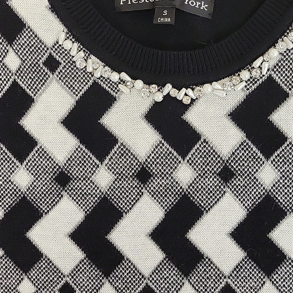 Preston & York Patterned Black & White Sweater small monochrome beaded office - Picture 3 of 5